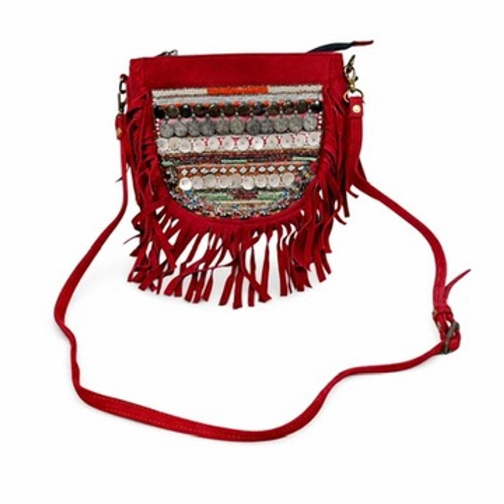 Vintage Addictions Red Suede Saddle Bag Crossbody Beaded Embellished Boho Hippie